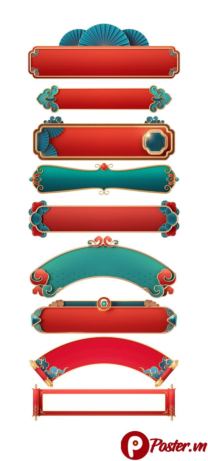 Bộ 9 khung banner trang trí Tết Trung Hoa phong cách cổ điển, màu đỏ vàng xanh ngọc bích, file PSD chất lượng cao cho thiết kế lễ hội