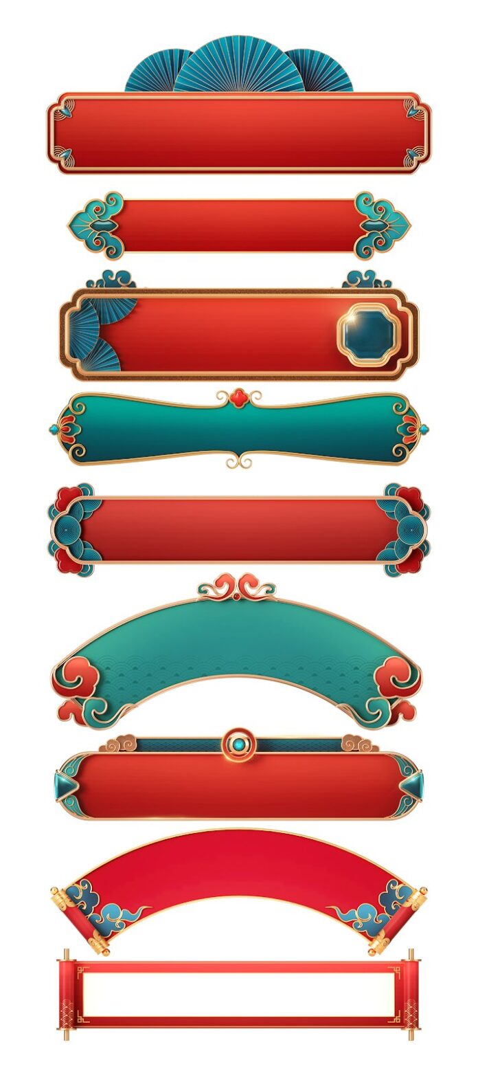 Bộ sưu tập khung và biểu ngữ phong cách Trung Hoa cổ điển, màu đỏ, vàng kim, xanh ngọc với họa tiết mây, quạt giấy cho Tết Nguyên Đán, định dạng PNG chất lượng cao 3MB.
