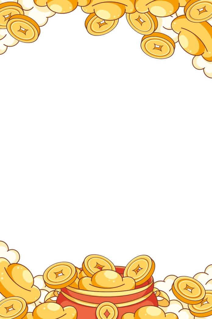 Khung viền Tết tài lộc vàng đỏ dạng PNG với các đồng tiền vàng, thỏi vàng và hũ tiền, mây trắng trang trí theo phong cách hoạt hình.