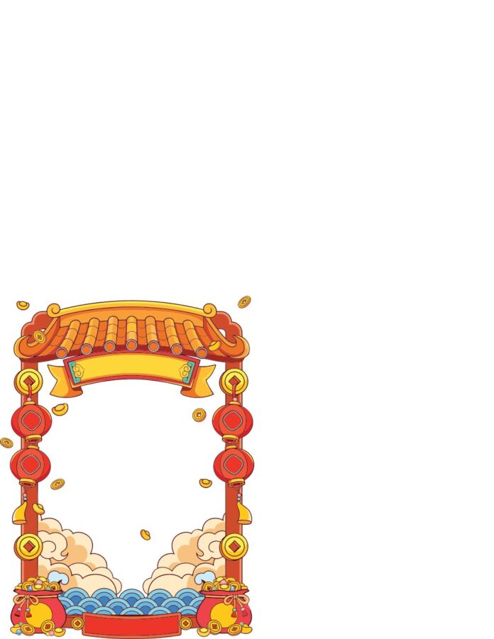 Khung viền Tết vector hoạt hình với mái nhà truyền thống, đèn lồng, đồng tiền vàng và túi tiền tài lộc, màu đỏ vàng chủ đạo.