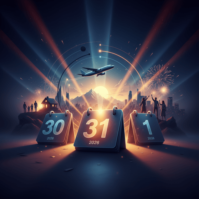Lịch bàn 2026 đánh dấu các ngày nghỉ Tết Dương lịch từ 1/1 đến 3/1, kèm theo hình ảnh trang trí năm mới và pháo hoa rực rỡ.