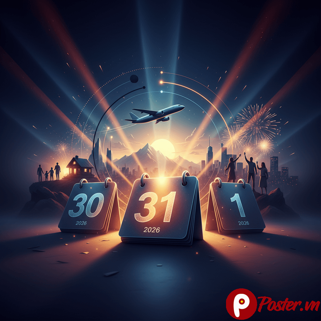 Lịch bàn 2026 đánh dấu các ngày nghỉ Tết Dương lịch từ 1/1 đến 3/1, kèm theo hình ảnh trang trí năm mới và pháo hoa rực rỡ.