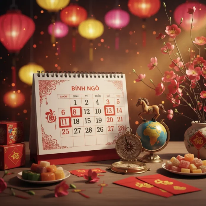 Lịch Tết 2026 Bính Ngọ với hình ảnh ngựa phi nước đại và các biểu tượng Tết truyền thống như hoa mai, hoa đào, câu đối đỏ, minh họa 10 ngày xuất hành đẹp nhất.