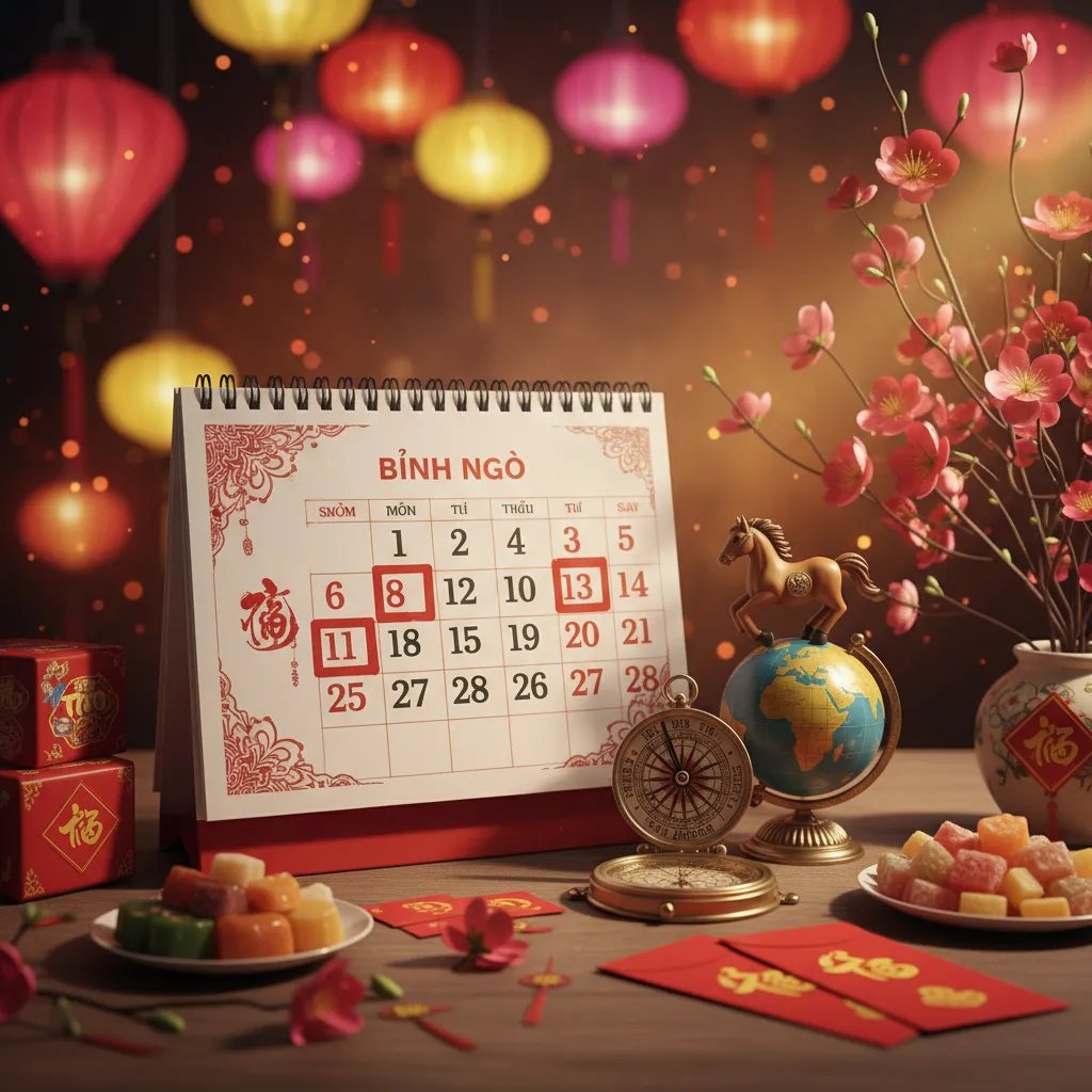 Lịch Tết 2026 Bính Ngọ với hình ảnh ngựa phi nước đại và các biểu tượng Tết truyền thống như hoa mai, hoa đào, câu đối đỏ, minh họa 10 ngày xuất hành đẹp nhất.