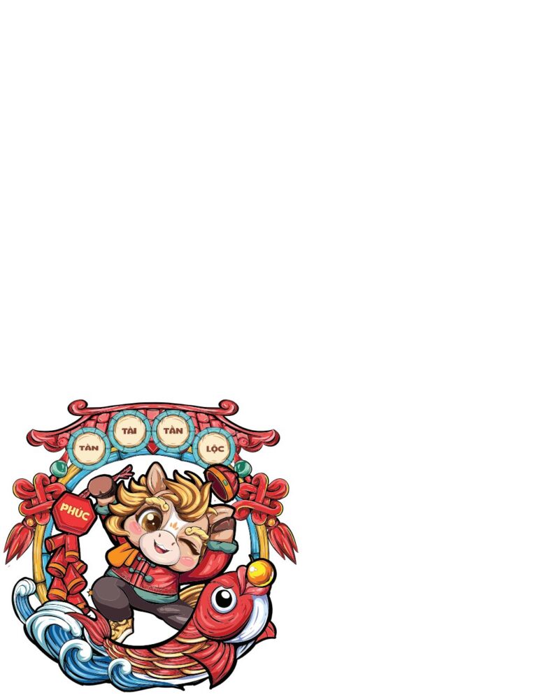 Linh vật chibi đáng yêu cưỡi cá chép vàng trong khung cổng chào Tết, với chữ Tài Lộc Phúc và pháo, mang không khí may mắn thịnh vượng.