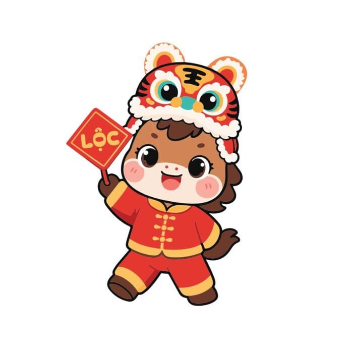 Linh vật chibi đáng yêu đội mũ hổ, mặc áo đỏ truyền thống, tay cầm biển hiệu 