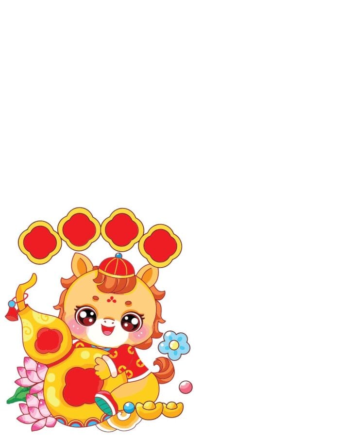 Linh vật hoạt hình cát tường phong cách chibi đáng yêu, ôm hồ lô vàng, hoa sen hồng trên nền trắng, file EPS