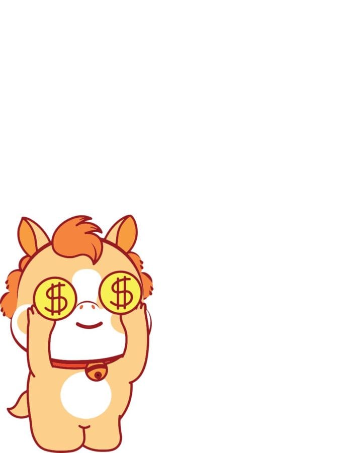 Linh vật hoạt hình chú ngựa con màu cam, tay cầm biểu tượng đô la che mắt, đeo vòng cổ chuông, thể hiện sự vui vẻ và ham mê tiền bạc.