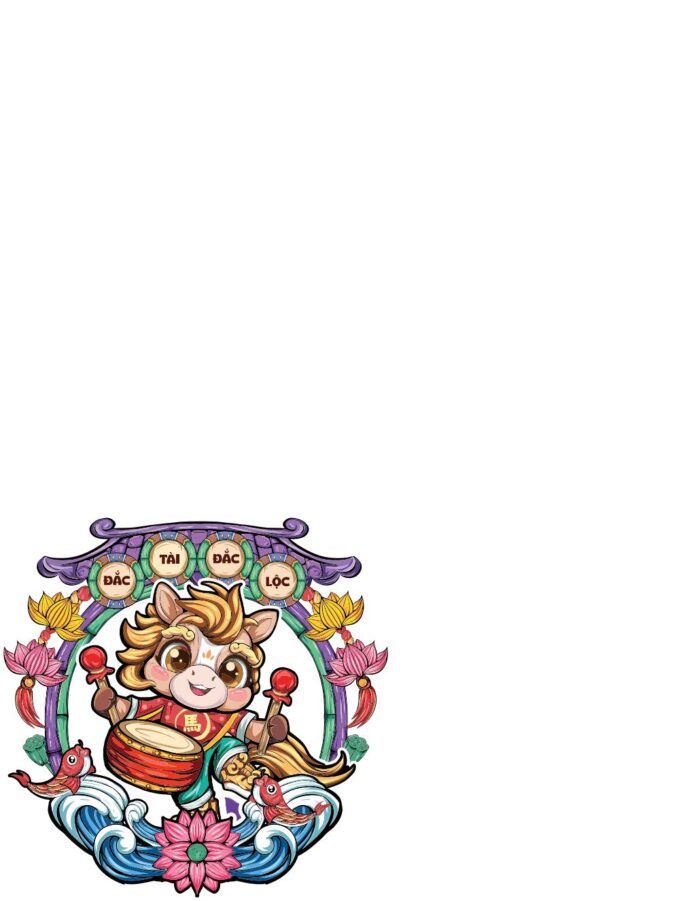 Hình ảnh vector linh vật ngựa chibi Đắc Tài Đắc Lộc rực rỡ cho Tết Nguyên Đán, với trống, cá chép, hoa sen và khung vòm truyền thống. File EPS chất lượng cao, dễ chỉnh sửa.