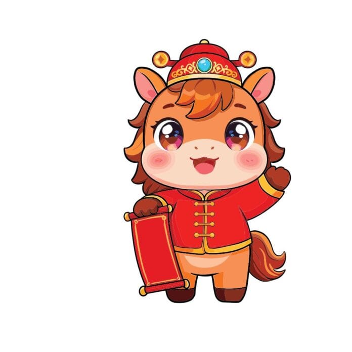 Vector linh vật ngựa chibi đỏ dễ thương mặc áo quan đón Tết, cầm cuộn giấy đỏ, biểu cảm vui tươi trên nền trắng