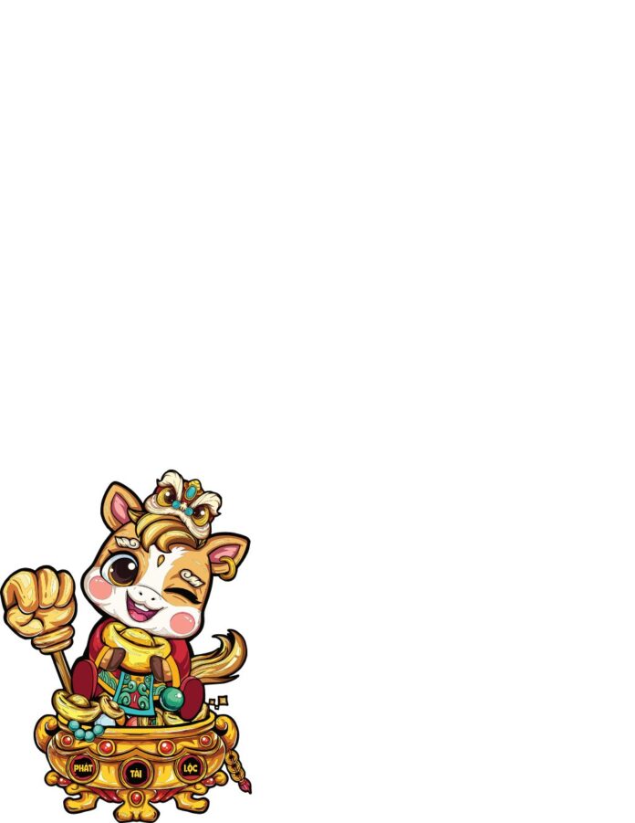 Linh vật ngựa Chibi đáng yêu, màu vàng đỏ, cầm gậy vàng, chữ Phát Tài Lộc, ngồi trên bình vàng, biểu tượng may mắn Tết.