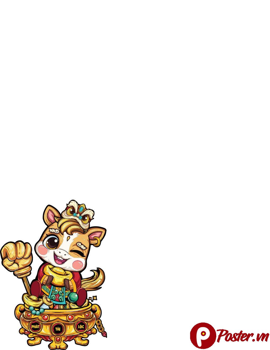 Linh vật ngựa Chibi đáng yêu, màu vàng đỏ, cầm gậy vàng, chữ Phát Tài Lộc, ngồi trên bình vàng, biểu tượng may mắn Tết.