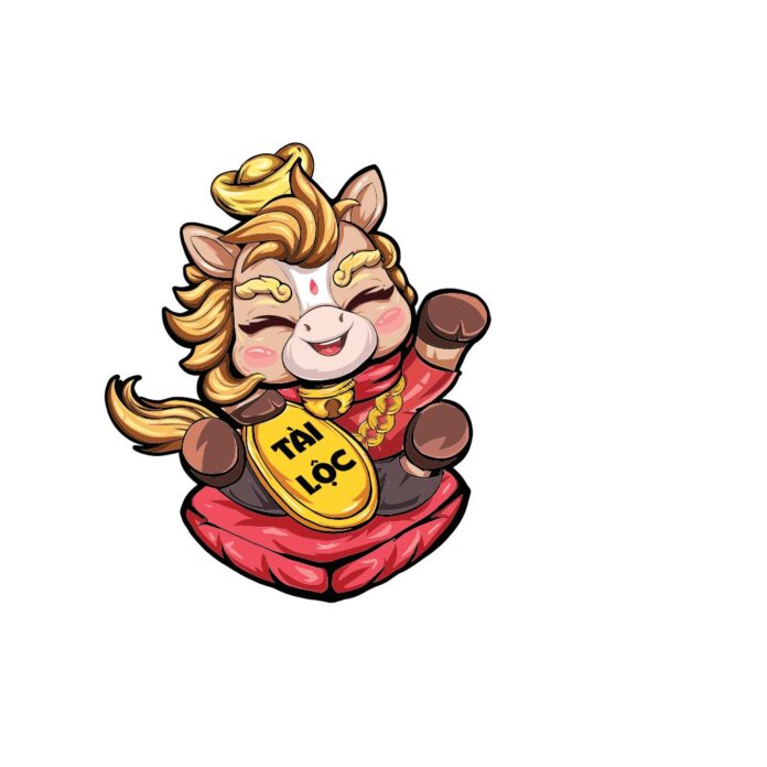 Linh vật ngựa chibi tài lộc vector file AI đỏ vàng tươi sáng mang may mắn cho Tết Nguyên Đán