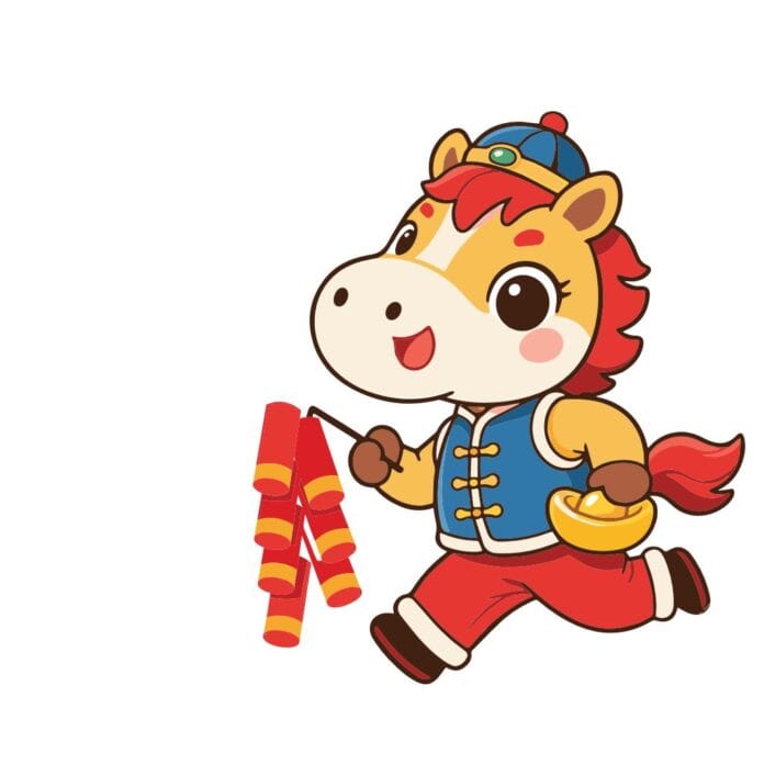 Linh vật ngựa hoạt hình chibi đáng yêu cầm pháo và thỏi vàng, chủ đề Tết Nguyên Đán