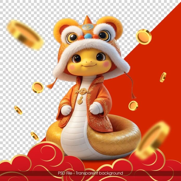 Linh vật Tết 3D chibi đáng yêu màu đỏ vàng, có đồng tiền vàng và mây cát tường, định dạng PSD có nền trong suốt.