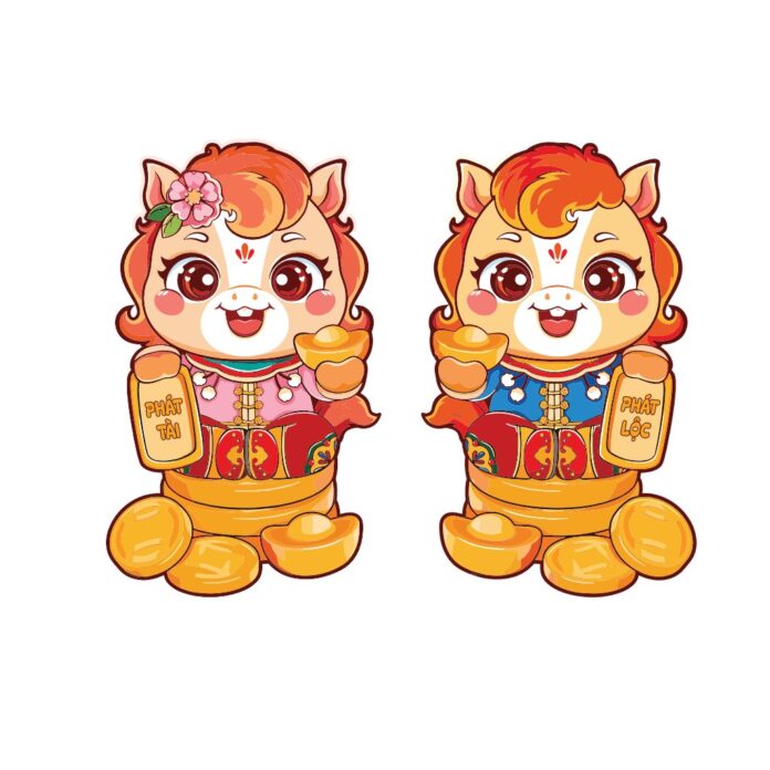 Cặp linh vật chibi Tết Phát Tài Phát Lộc vector màu sắc tươi sáng