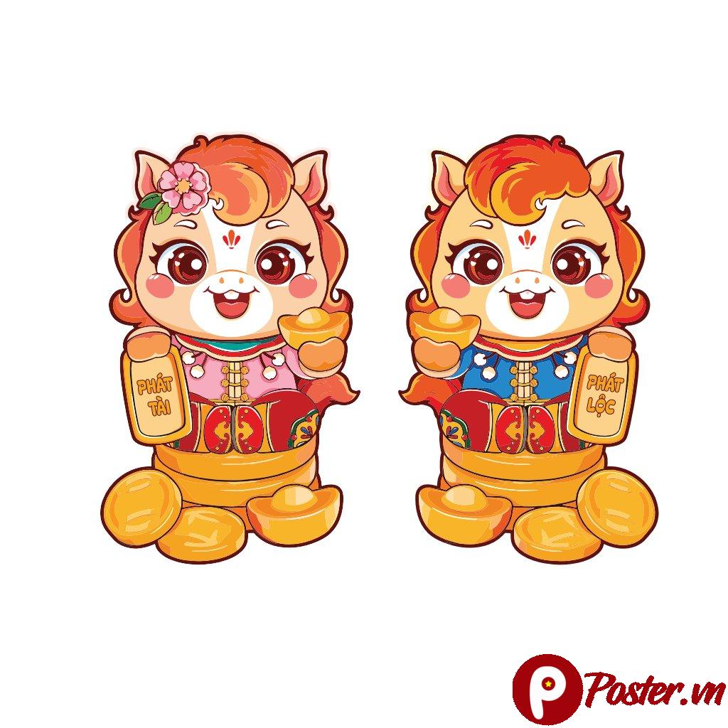 Cặp linh vật chibi Tết Phát Tài Phát Lộc vector màu sắc tươi sáng