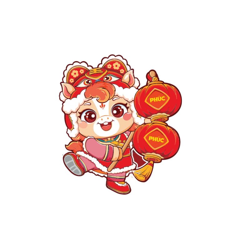 Linh vật Tết Chibi dễ thương cầm lồng đèn Phúc, thiết kế vector màu đỏ vàng tươi sáng