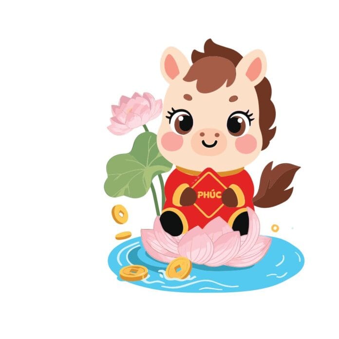 Linh vật hoạt hình chú ngựa con đáng yêu màu đỏ vàng ôm chữ 