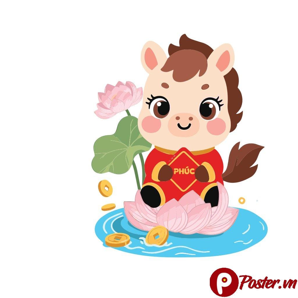 Linh vật hoạt hình chú ngựa con đáng yêu màu đỏ vàng ôm chữ 