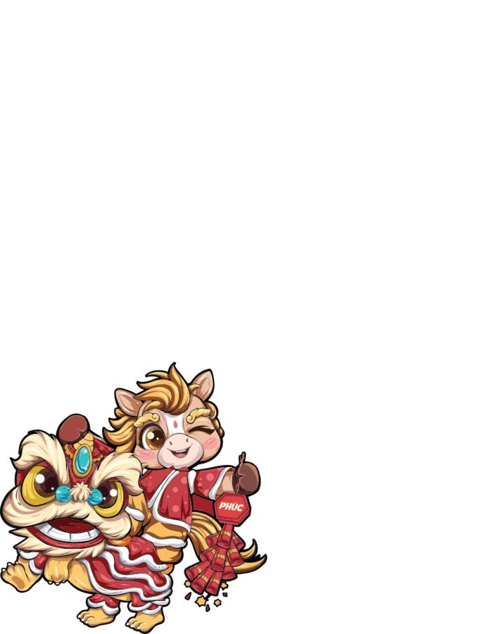 Hình ảnh linh vật hoạt hình ngựa và đầu lân đáng yêu cho Tết, với chú ngựa cầm pháo chữ PHÚC.