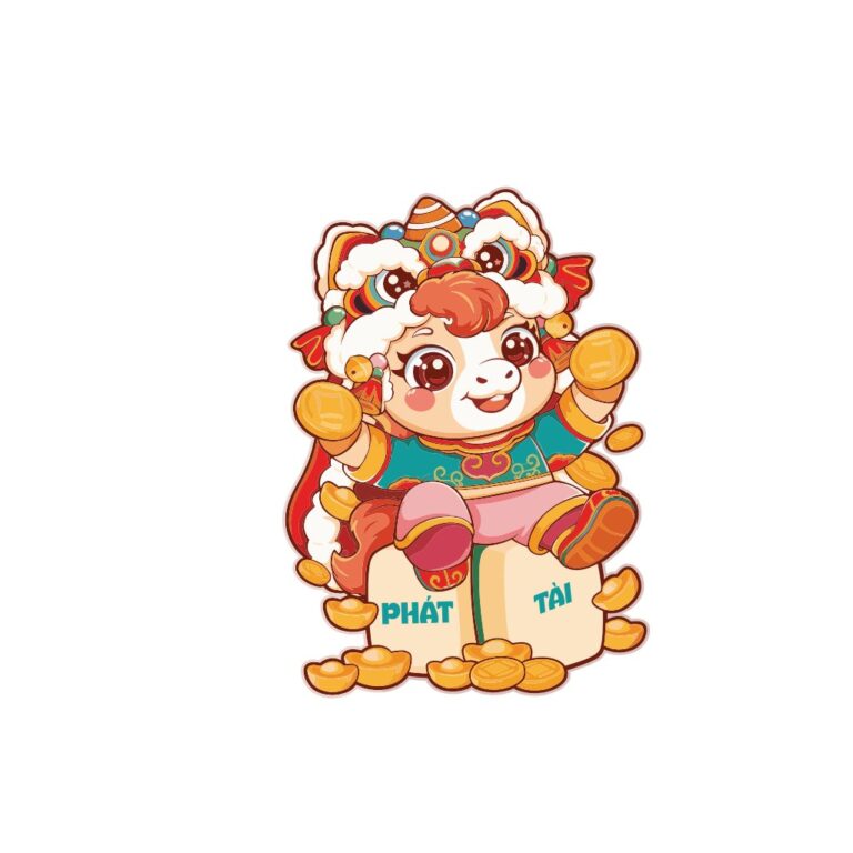Linh vật trâu chibi đáng yêu, đội mũ lân, cầm đồng tiền vàng với chữ Phát Tài, phong cách hoạt hình Tết.