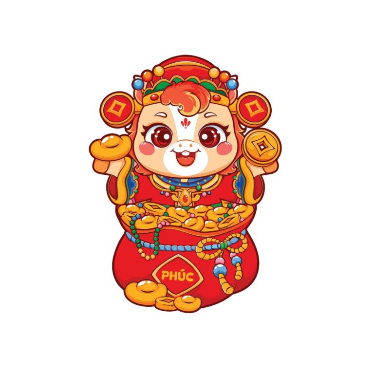 Linh vật trâu vàng chibi Tết đáng yêu ôm thỏi vàng và tiền xu, túi tiền chữ PHÚC