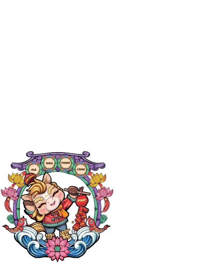 Vector chibi ngựa Mã Đáo Thành Công rực rỡ cho Tết Nguyên Đán, cầm chùm pháo