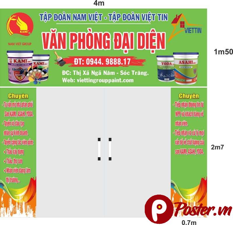 Bảng hiệu văn phòng đại diện sơn Kami, Asahi, Yoda của Tập đoàn Nam Việt - Việt Tín với màu xanh lá và chữ đỏ nổi bật