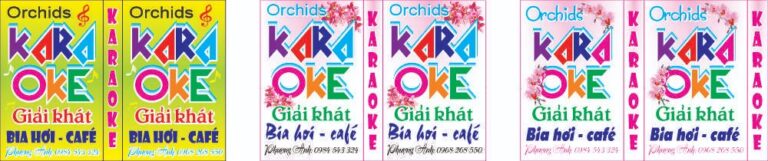Sáu banner quảng cáo dọc cho karaoke, bia hơi, cafe với chữ KARAOKE lớn đa sắc, nền vàng và trắng, trang trí hoa anh đào, thông tin liên hệ.