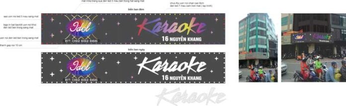 Mẫu biển quảng cáo Karaoke Idol với hiệu ứng đèn LED phát sáng và font chữ độc đáo, minh họa cả phiên bản ban ngày và ban đêm.