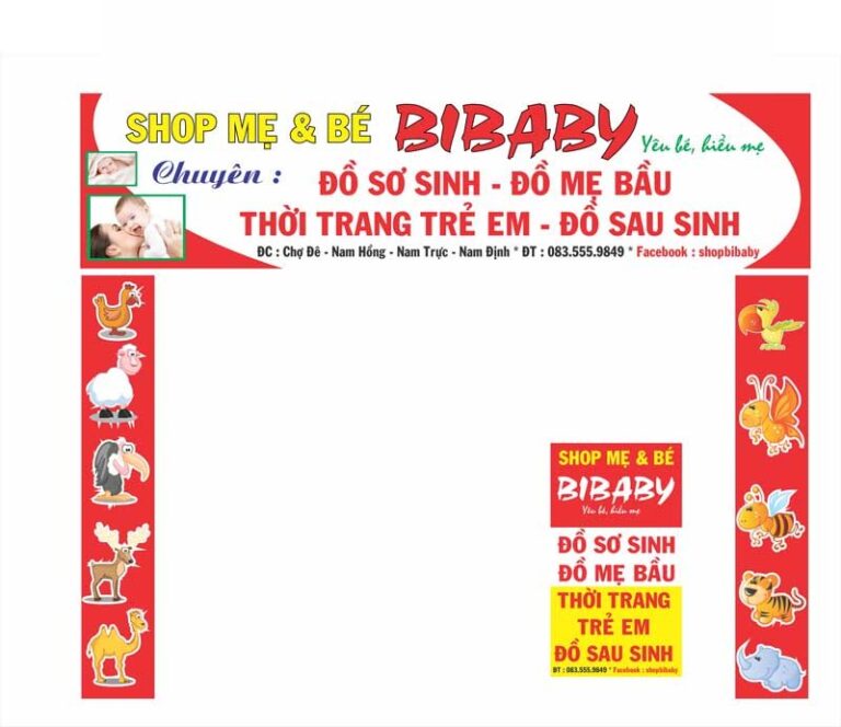 Mẫu biển quảng cáo cửa hàng mẹ và bé BIBABY với thiết kế vui tươi, màu đỏ và vàng chủ đạo, hình ảnh em bé và các con vật hoạt hình ngộ nghĩnh.
