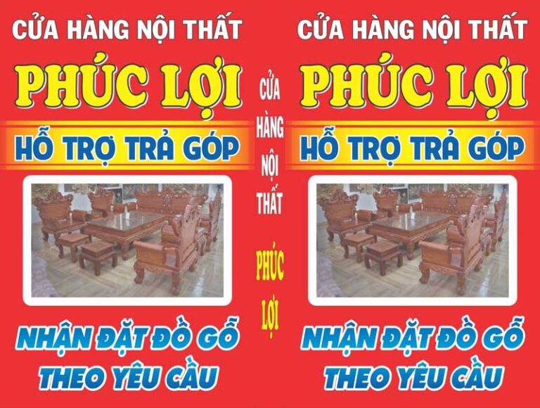 Mẫu biển quảng cáo cửa hàng nội thất Phúc Lợi với bàn ghế gỗ sang trọng, nền đỏ nổi bật