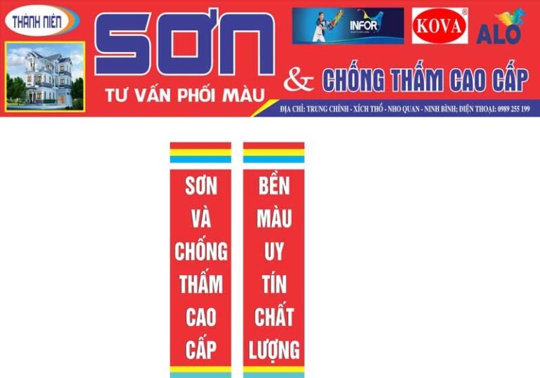 Mẫu biển quảng cáo đại lý sơn Thanh Niên, dịch vụ sơn và chống thấm cao cấp, với logo Kova, Infor, Alo. Biển hiệu màu đỏ, xanh, trắng nổi bật thông tin địa chỉ, số điện thoại, và cam kết chất lượng, uy tín.
