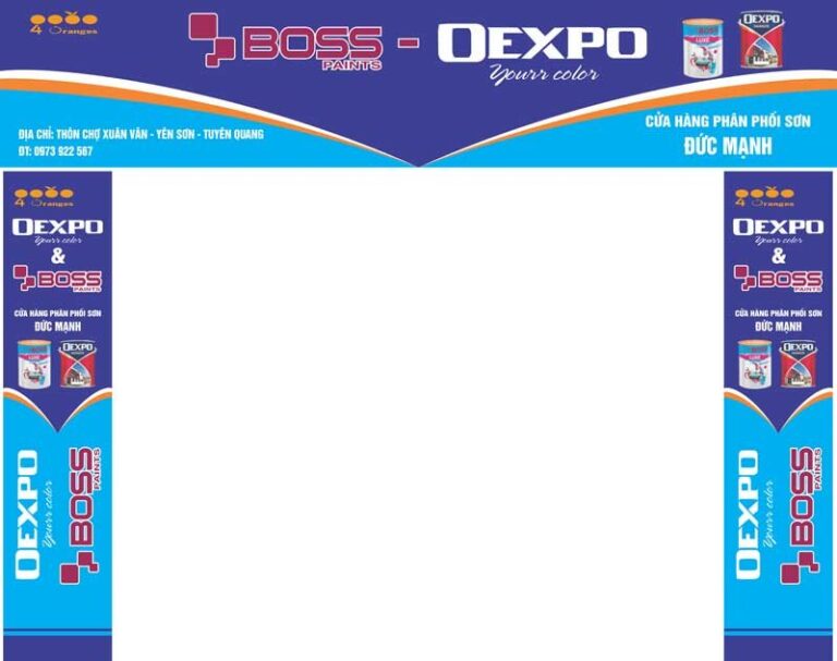 Mẫu biển quảng cáo đại lý sơn Đức Mạnh chuyên nghiệp, hiện đại với logo Boss Paints, Dexpo Yourr Color và 4 Oranges định dạng CDR. Bố cục đối xứng, màu xanh dương và cam nổi bật.