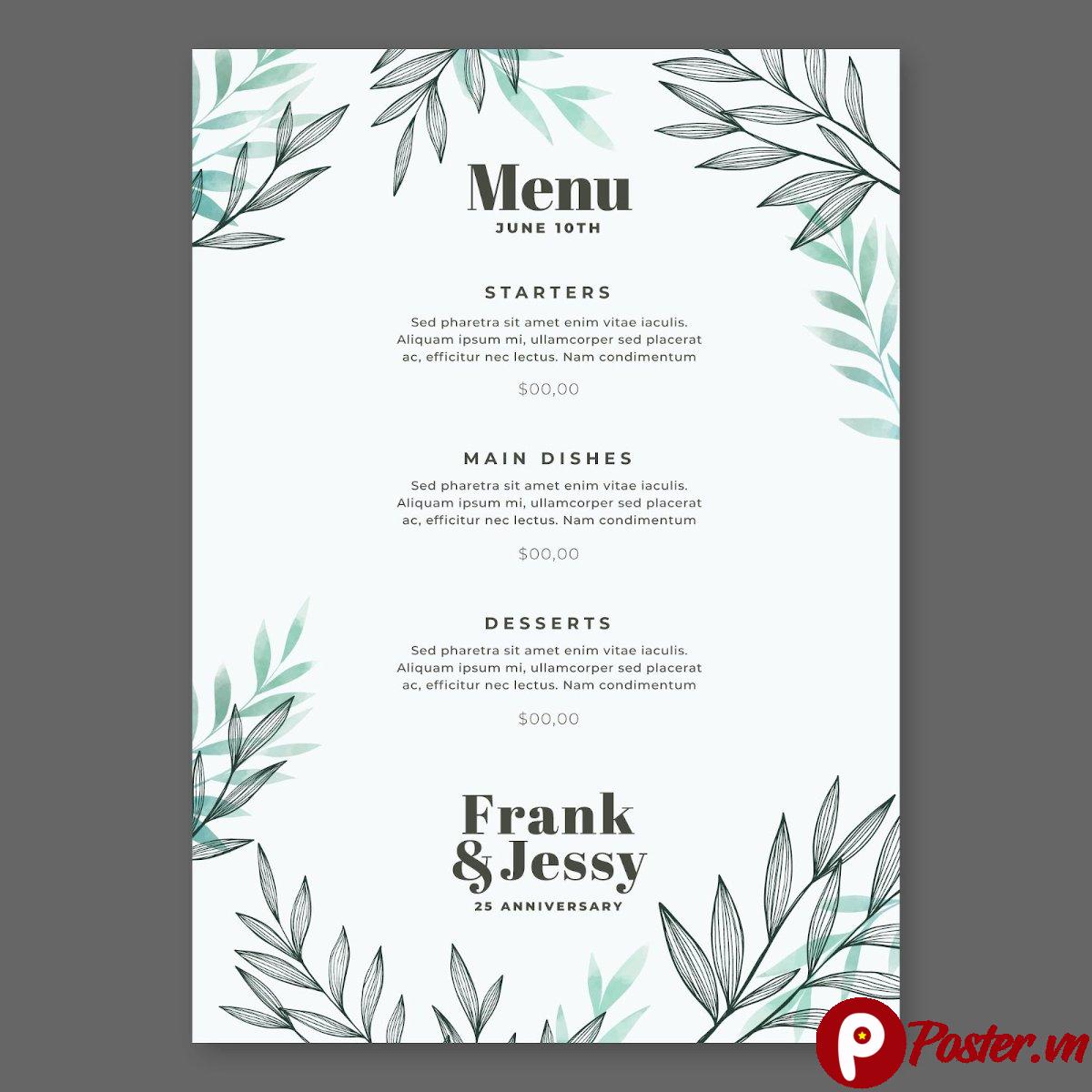 Menu đám cưới lá xanh đơn giản