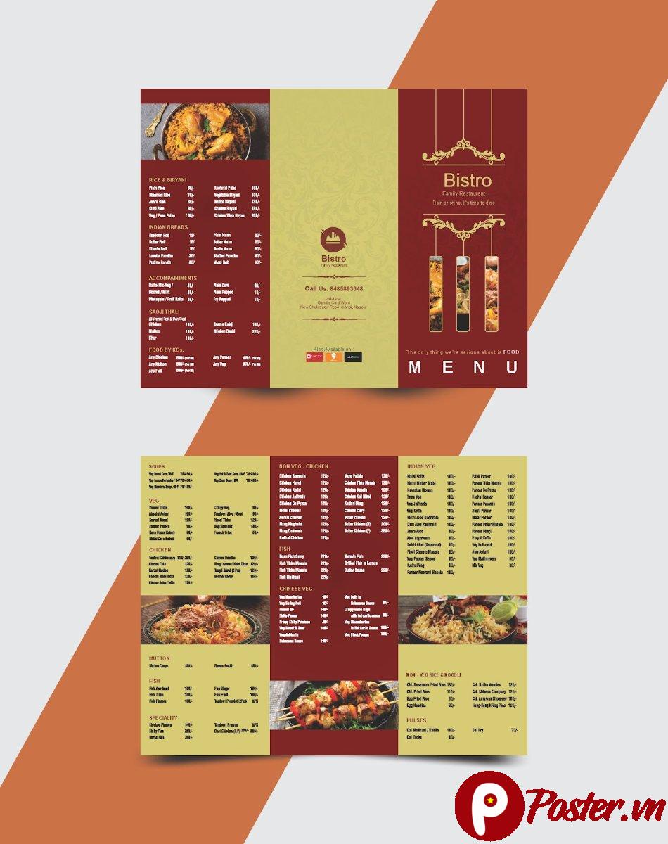 Mẫu menu nhà hàng 3 gấp sang trọng