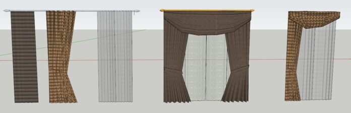 Bộ sưu tập mẫu rèm cửa 3D đa dạng phong cách, từ cổ điển đến hiện đại, với rèm vải, voan và yếm rèm, hiển thị trong môi trường thiết kế nội thất.