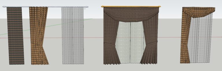 Bộ sưu tập mẫu rèm cửa 3D đa dạng phong cách, từ cổ điển đến hiện đại, với rèm vải, voan và yếm rèm, hiển thị trong môi trường thiết kế nội thất.