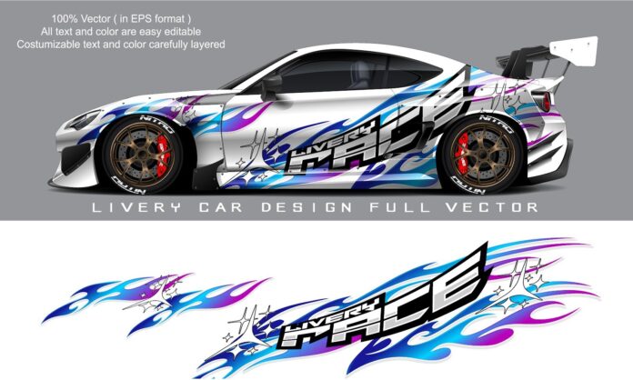 Thiết kế tem xe đua Livery Race phong cách vector hiện đại màu xanh tím