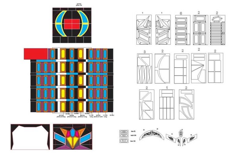 Mẫu thiết kế biên bảng karaoke phong cách Art Deco hiện đại với họa tiết hình học, màu sắc vàng, xanh, đỏ nổi bật.