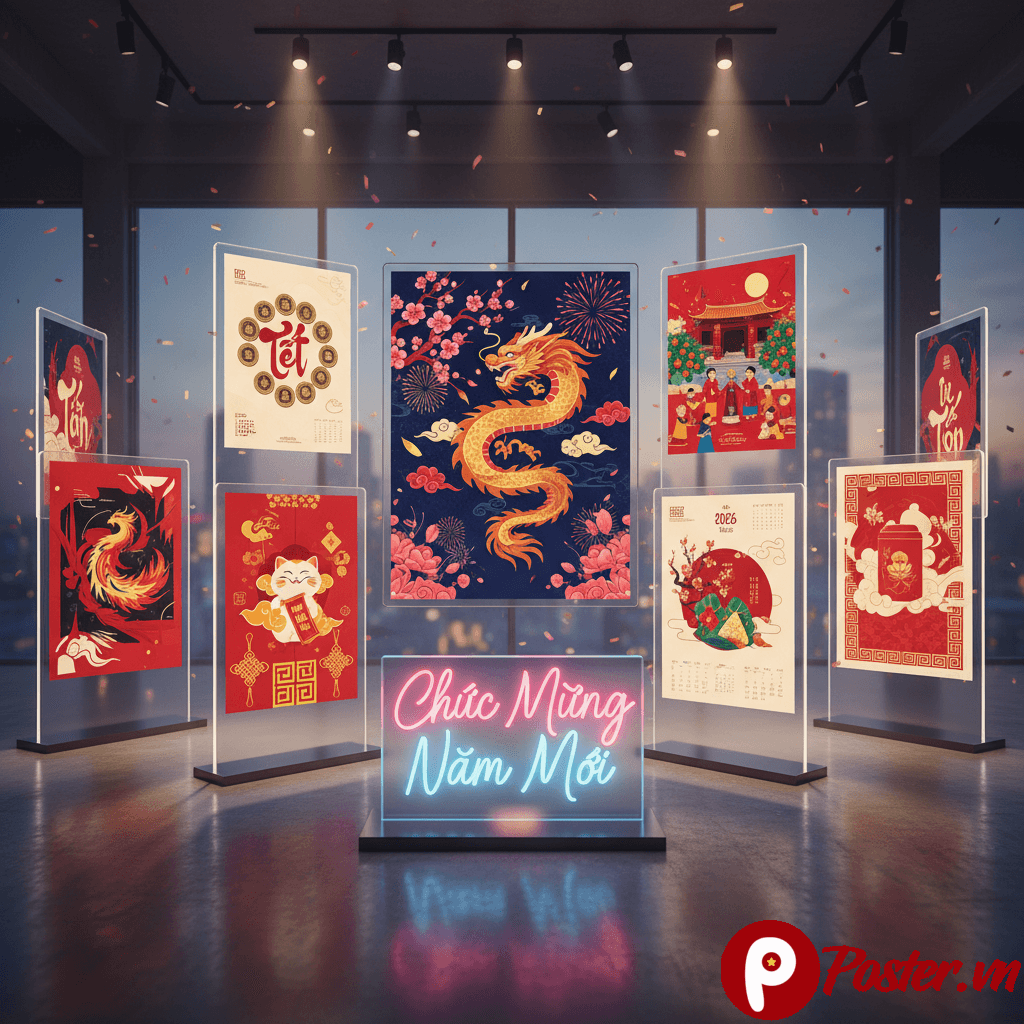Tổng hợp 10 mẫu thiết kế Tết 2026 đẹp và độc đáo nhất, từ phong cách truyền thống đến hiện đại, minh họa linh vật Rồng Giáp Thìn, hoa mai, hoa đào, và hình ảnh gia đình sum vầy cho mọi ấn phẩm truyền thông.