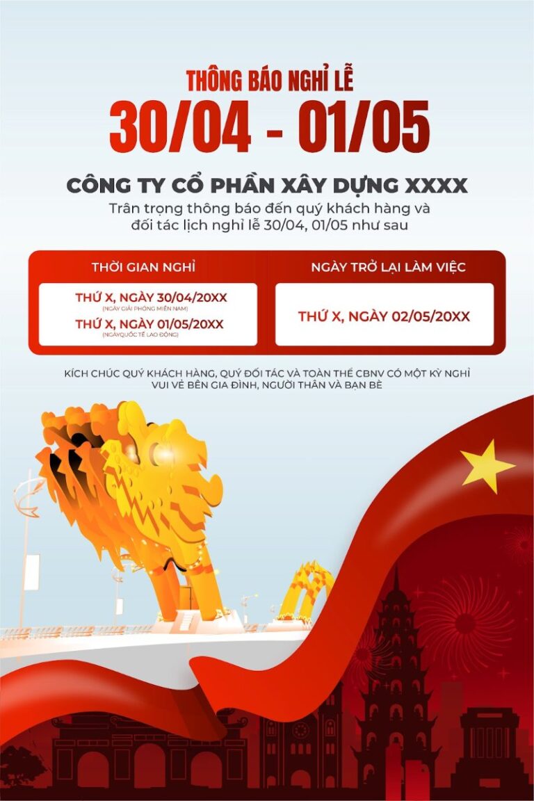 Mẫu thông báo nghỉ lễ 30/04 01/05
