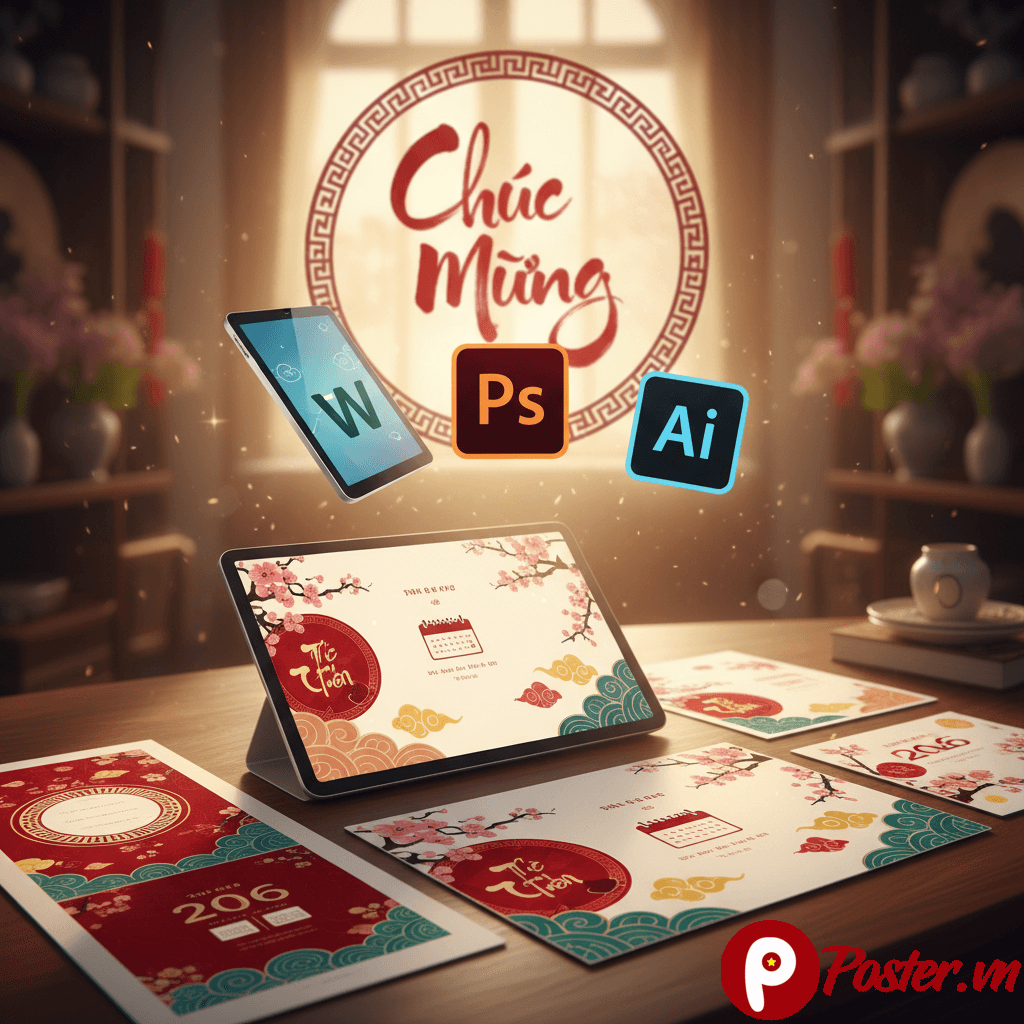 Hình ảnh minh họa các mẫu thông báo nghỉ Tết 2026 với đa dạng phong cách từ truyền thống (hoa mai, đào, lồng đèn) đến hiện đại (icon Tết, bố cục tối giản), sẵn sàng cho in ấn và chia sẻ trực tuyến, hỗ trợ định dạng Word, PSD, AI.
