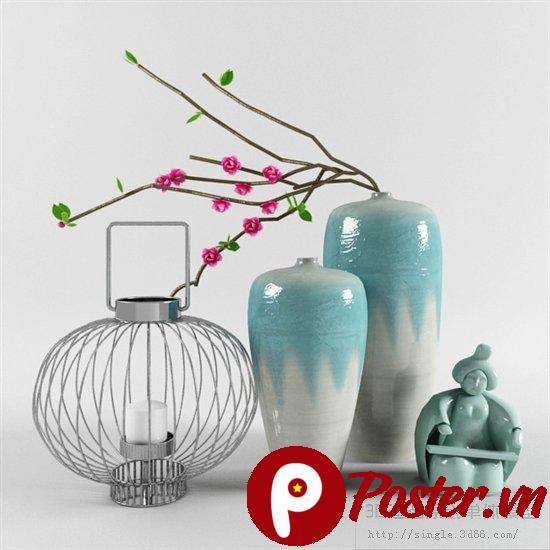 Bộ sưu tập tĩnh vật trang trí phong cách Á Đông hiện đại với bình gốm men xanh, hoa anh đào hồng, lồng đèn kim loại và tượng nhỏ trên nền trắng tinh khiết.