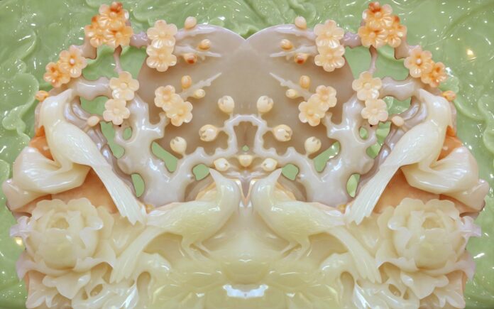 Mẫu thiết kế tranh khảm đá truyền thống họa tiết chim phượng hoàng và hoa mẫu đơn tinh xảo