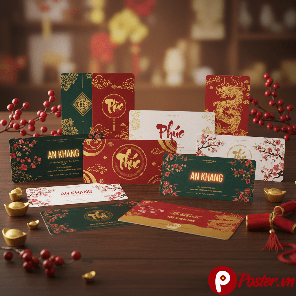Hình ảnh minh họa các mẫu voucher Tết 2026 với thiết kế sang trọng, màu đỏ vàng chủ đạo, họa tiết hoa mai, hoa đào, bánh chưng tượng trưng cho sự may mắn và thịnh vượng. Các voucher được xếp chồng lên nhau hoặc đặt trong phong bì đẹp mắt, thể hiện sự tri ân và chuyên nghiệp.
