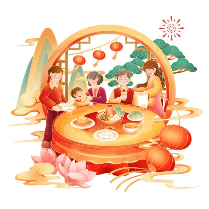 Minh họa gia đình sum vầy ngày Tết phong cách hoạt hình Á Đông, file PSD chất lượng cao, màu sắc tươi sáng, ấm áp.