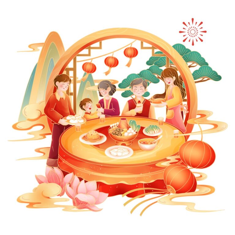 Minh họa gia đình sum vầy ngày Tết phong cách hoạt hình Á Đông, file PSD chất lượng cao, màu sắc tươi sáng, ấm áp.