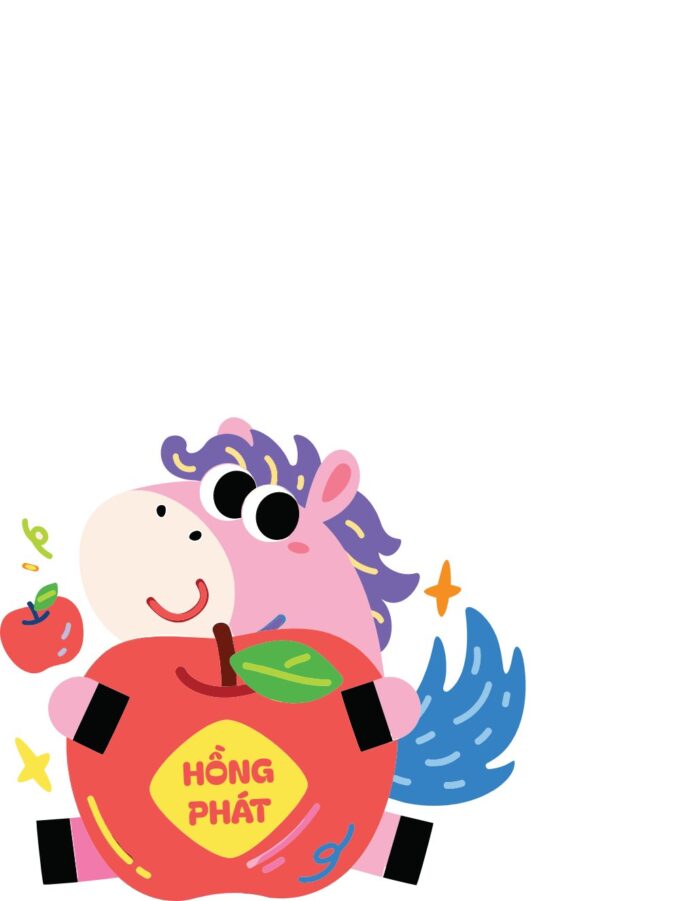 Minh họa hoạt hình chú ngựa hồng và trái táo đỏ với chữ HỒNG PHÁT, phong cách phẳng, tươi sáng